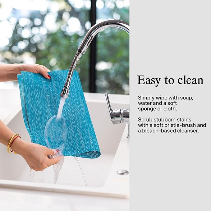 Placemats Set of 12 - Easy Clean Woven Vinyl Placemats for Dining Table, Indoor/Outdoor Place Mats, Washable PVC Table Mats（Teal Blue）