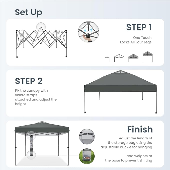 PHI VILLA 10x10ft 1-Person Setup Pop Up Canopy Tent Instant Portable Shelter w/ 1-Button Push, Case, 4 Weight Bags - Gray
