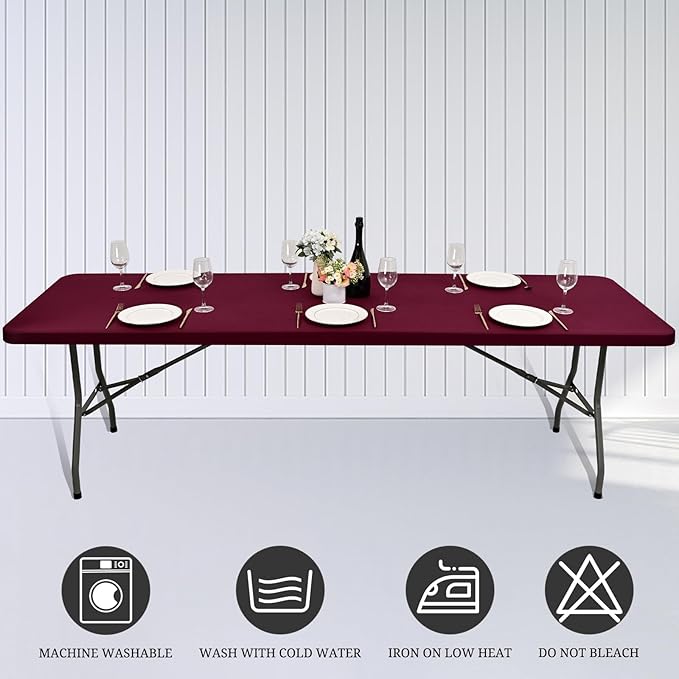 10 Pack Fitted Tablecloth for 6 Foot Rectangle Tables, Wine Red Elastic Outdoor Picnic Table Cover, Washable Stretch Folding Table Cloths 6 ft for Camping Party Patio Kitchen Banquet, 30" W x 72" L