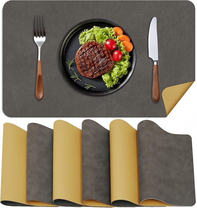 BLESWIN Faux Leather Placemats, PU Dining Table, Waterproof and Oil Resistant Easy to Clean, Heat Resistant Reversible Use Table Mats for Kitchen, Dining Table, Outdoor – 12 × 17 Inch, Mud&Dark Yellow