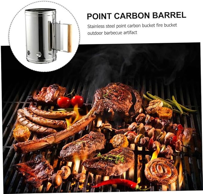 GANAZONO Quick Coal Starter Barrel BBQ Chimney Starter Grill Fire Starter with Heat Shield and Wooden Handle for Outdoor Barbecue Cooking