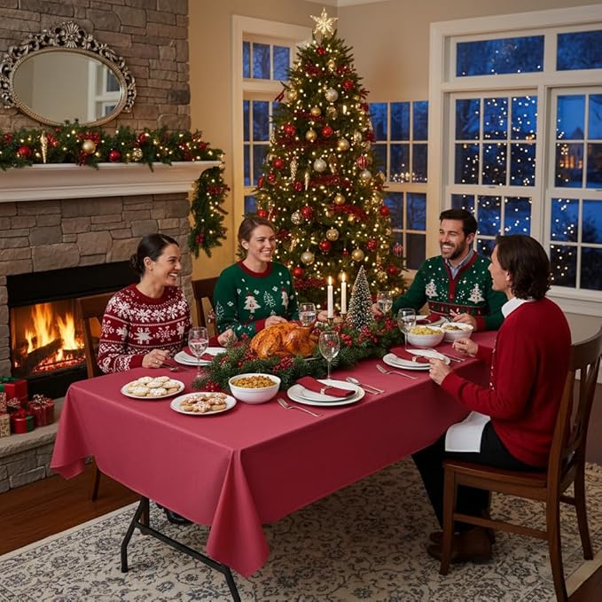 Nasitos 2 Pack Christmas Table Cloth Rectangle 60x120 Inch-Vinyl Plastic Red Tablecloth with Flannel Backing 100% Waterproof, Stain Resistant, Wipe Clean Table Covers for Kitchen Dining Parties