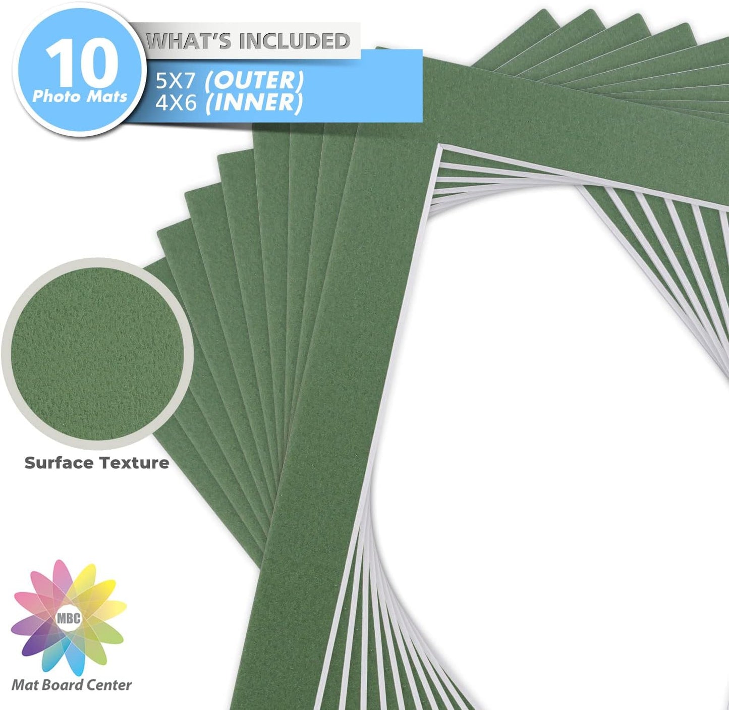 Mat Board Center, Pack of 10, 5x7 for 4x6 Rock Garden Color Mats - Bevel Cut, Acid Free, 4-ply Thickness, White Core - for Pictures, Photos, Framing