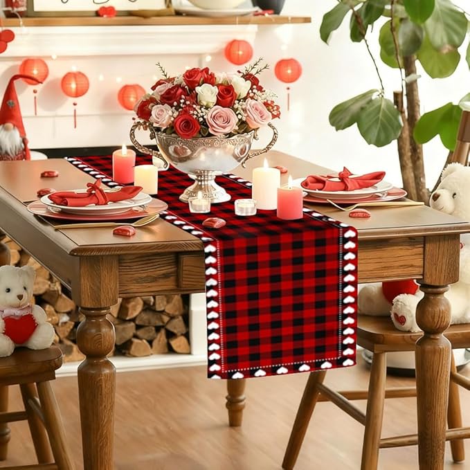 Valentine’s Day Love Heart Red Black Buffalo Plaid Table Runner 13x36 Inch Seasonal Holiday Kitchen Dining Tabletop Runners for Anniversary Mantel Party Indoor Outdoor Decoration
