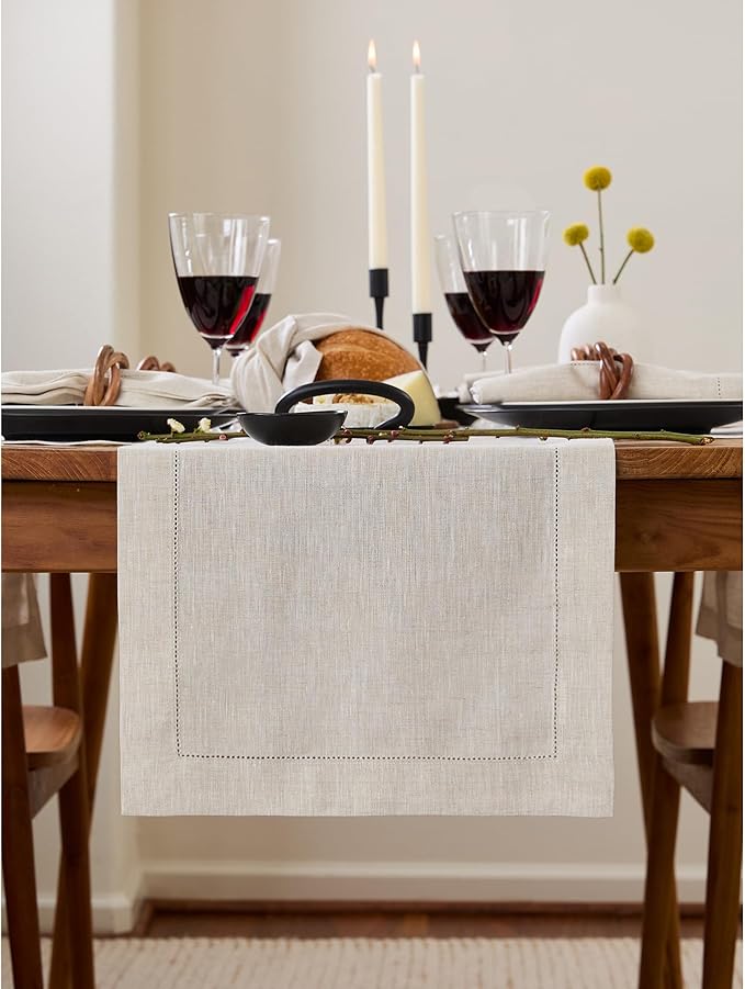 Solino Home Linen Light Natural Table Runner 48 Inches - Classic Hemstitch, 100% Pure Linen Coffee Table Runner 14 x 48 Inch Ideal for Dresser Tables - Spring, Easter