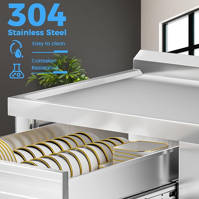 304 Stainless Steel Utility Sink – Free Standing Single Bowl with Workbench, Storage Drawer & Faucet, Hot and Cold Water Pipes for Laundry Room, Farmhouse, Outdoor Use (47")