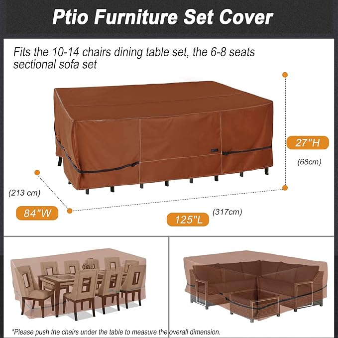 NettyPro Patio Table Cover Rectangle 125 x 84 Inches, 600D Heavy Duty Waterproof Outdoor Furniture Covers for Dining Table and Chair Rectangular, Brown