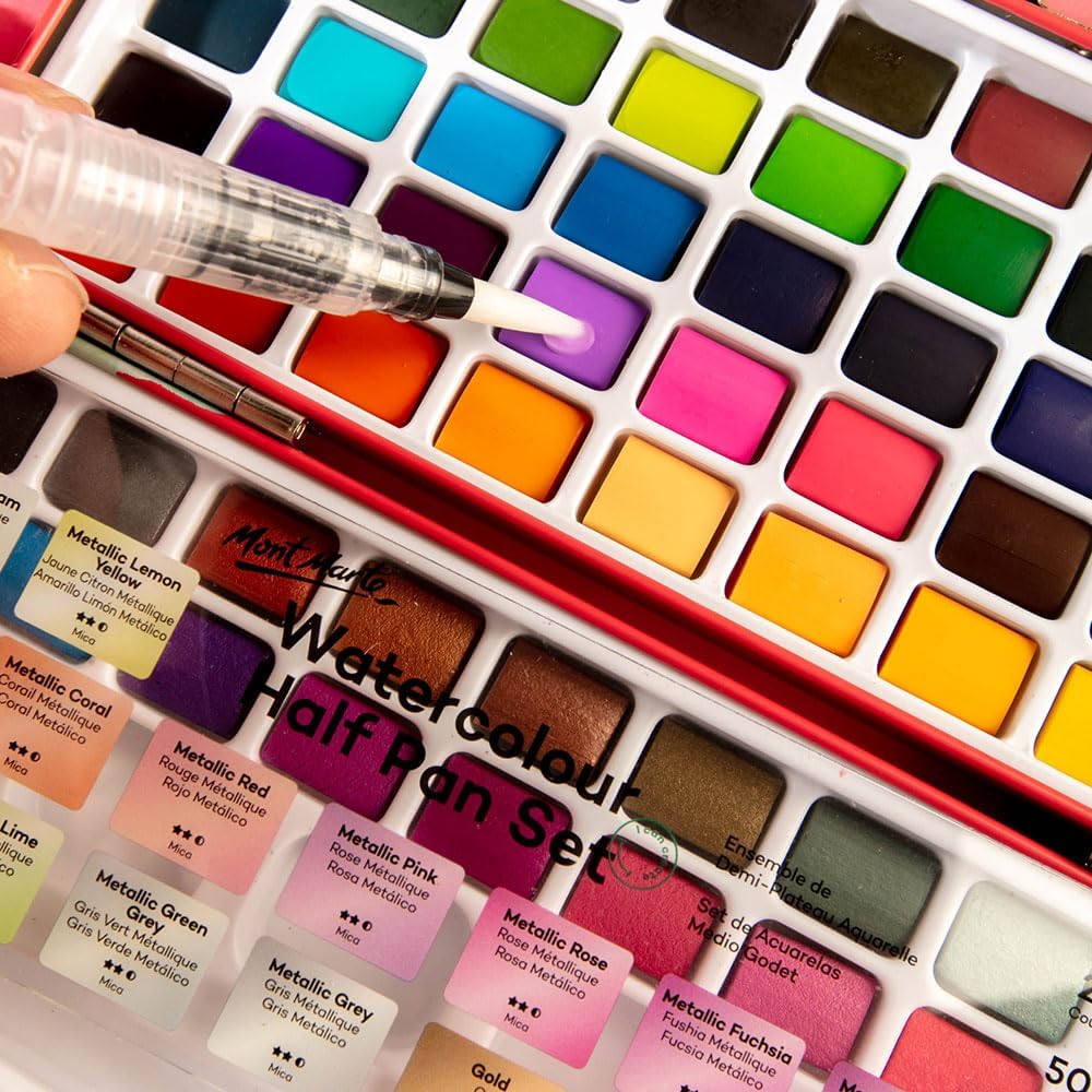 Mont Marte Watercolor Set Full Pan Signature 73pcs, Including 50 Bright and 22 Metallic Colors with Translucent Finish, Ideal for Artists, Hobbyists and Adults