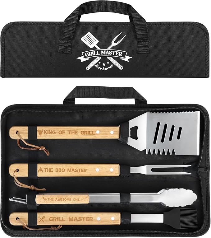 Coralogo 4PCS Grilling Accessories BBQ Tools - Stainless Steel Grill Set with Tongs, Fork, Spatula, Brush, Carrying Bag, Christmas & Birthday Gift for Men, Father, Husband