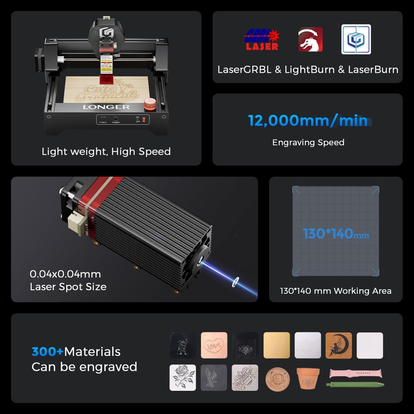 LONGER Ray5 mini 2.5W Laser Engraver with 70 Pcs DIY Material Package, 12000mm/min High-Speed Cutter for Wood, Metal, Acrylic, Leather, DIY CNC, 130x140mm Engraving Area, WiFi, Emergency Stop Safety