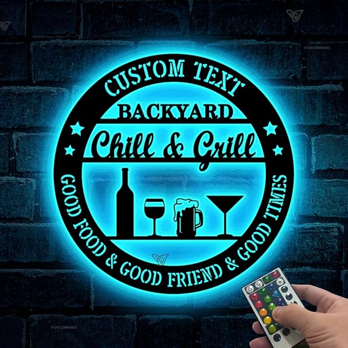 Backyard Bar & Grill Custom Name Sign - Personalized LED Light Up Metal Wall Art with Remote, Light Up Bar Sign, Bar Decor for Patio, Man Cave