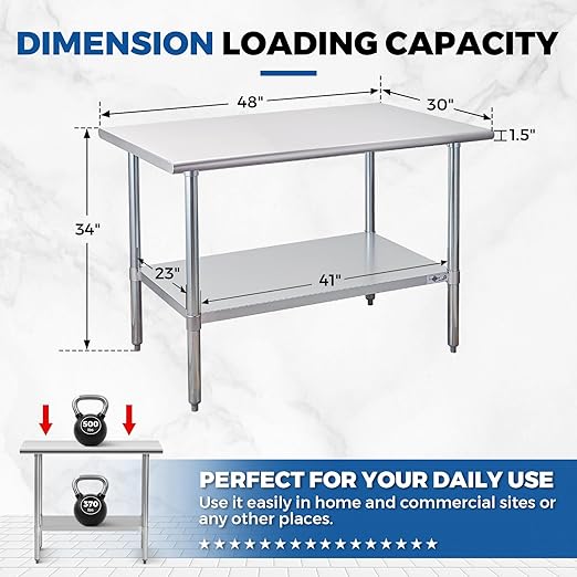Profeeshaw Stainless Steel Prep Table 48x30 Inch NSF Commercial Work Table with Undershelf Heavy Duty Table for Kitchen Restaurant Home Hotel