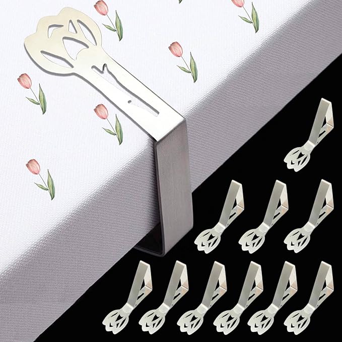 CUNGLIN Tablecloth Clips for Outdoor Tables, Tulip Shape Picnic Table Cloth Holder Clip Large Thick Stainless Steel Decorative Cover Clamp Pin for Indoor Party Wedding RV Accessories 10 Pack