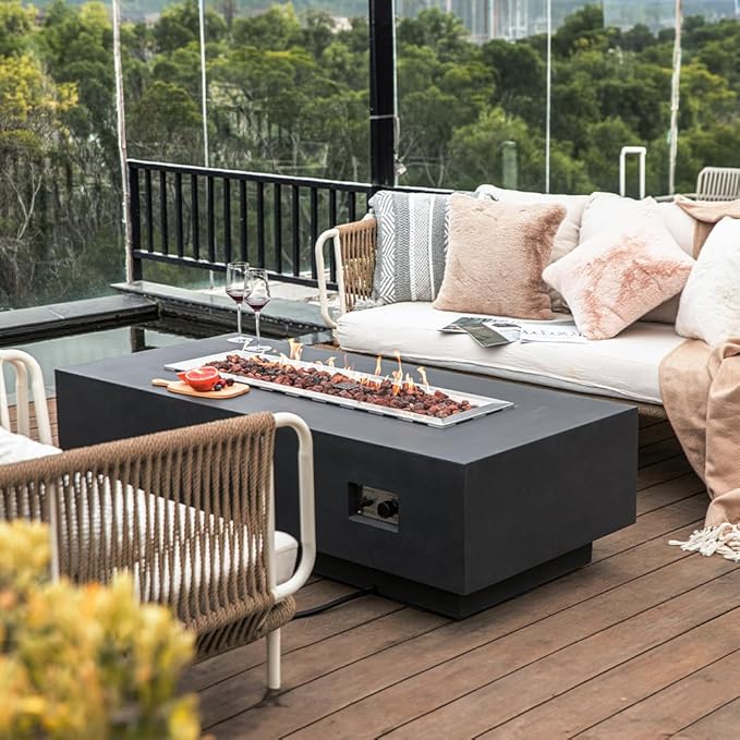 Elementi Granville Dark Grey Fire Pit Bundle Includes 60” Propane Concrete Firepit Table, Glass Windscreen, Stainless Steel Cover, Tank&Canvas Cover, Floor Mat and Beverage Tub