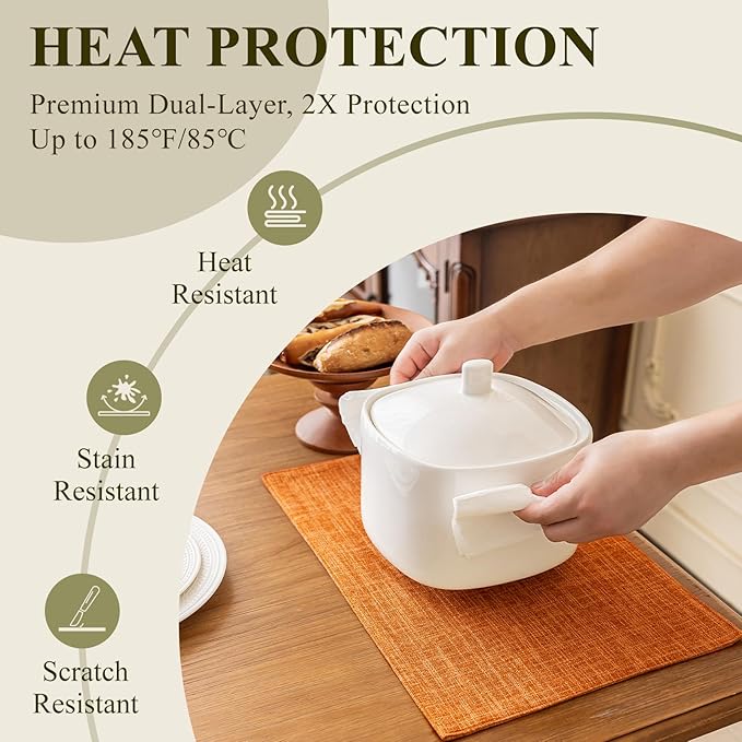 KXN Placemats Set of 4, Dual-Layer Thickened Faux Linen Table Mats, Heat Resistant & Wrinkle-Free, Machine Washable Cloth Place Mats for Kitchen Dining Indoor Outdoor (Orange)