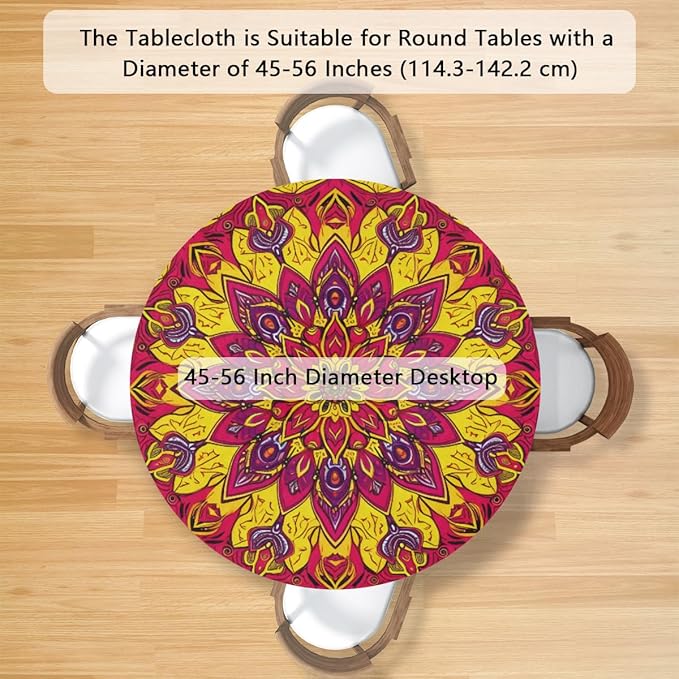 Floral Mandala Vintage Round Table Cloth Cover, Elastic Edge Waterproof Wipeable Tablecloths 45"-56" Polyester Tablecloth for Party Restaurant Banquet Holiday Camping Outdoor Picnic