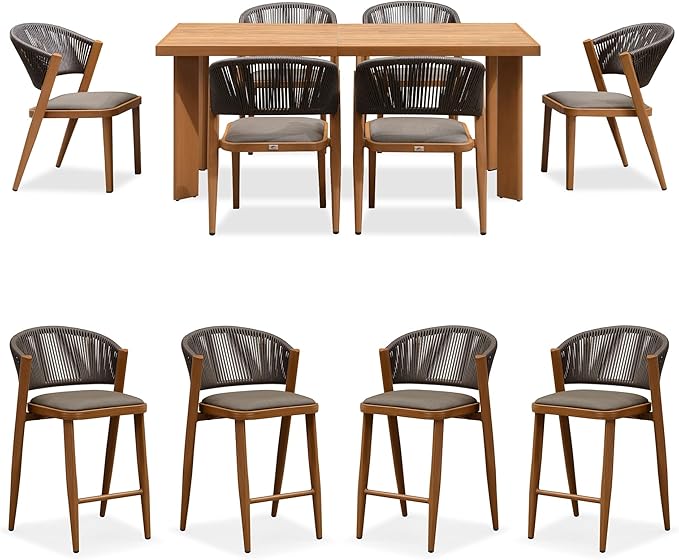PURPLE LEAF 7-Piece Patio Dining Set Outdoor Furniture Rectangular Table and Chairs Set with Aluminum Frame and Teak-Finish for Garden Deck Backyard Kitchen Deep Teak Outdoor Set with Counter Stools