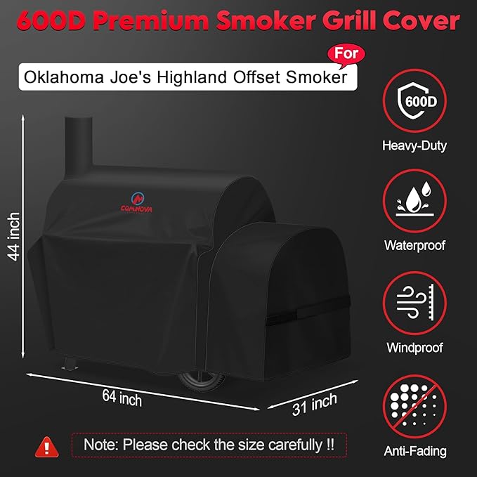 Grill Cover for Oklahoma Joe's Highland Offset Smoker - 600D Premium Smoker Cover Waterproof & Heavy Duty for Oklahoma Joe's Charcoal Offset Smoker, 64" L x 31" W x 44" H