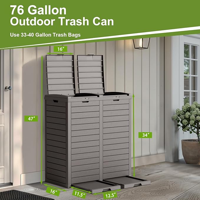 Outdoor Trash Can with lid, Waterproof, UV-Resistant Resin Garbage Can, Lockable Lid and Drip Tray, Animal-Proof, for Patio, Kitchen, Backyard and Deck (Grey, 76 Gallon)