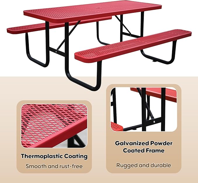6FT Rectangular Metal Picnic Table for Outdoors, Commercial Steel Metal Picnic Tables, Heavy Duty Sturdy Picnic Tables Furniture Set for Patio Garden Courtyard BBQ, with Umbrella Hole, Red
