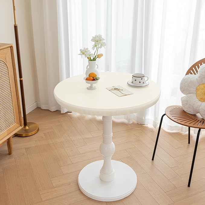Round Fitted PU Tablecloth with High Elastic Edge 24 Inch Dia Waterproof Oil Proof Table Cloth Anti-Scald Stain-Resistant Wipeable Table Cover for Indoor Outdoor Picnic (Cream,24" Dia)