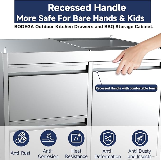 BODEGA Stainless Steel Outdoor Kitchen Propane Gas Grill and Outdoor Kitchen Cabinets for BBQ with 2 Drawers and Propane Tank Storage,Thermometer & Rotisserie Chicken Fork Kit, Seaside BBQ, Camping.