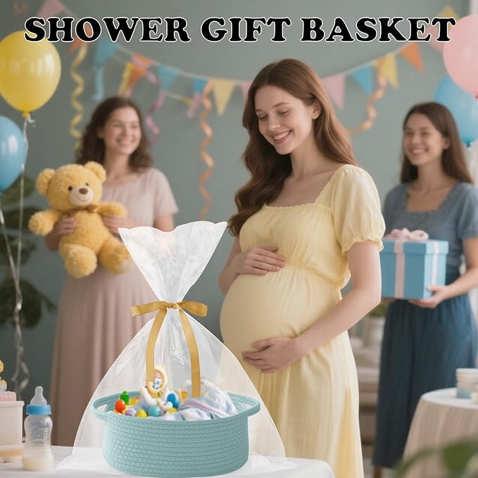 Gift Basket with Gift Bag and Ribbons,Small Rope Woven Shelf Storage,Baskets for Gifts Empty,Birthday,Baby Shower,Decorative Organizer Box with Handles(Aqua)