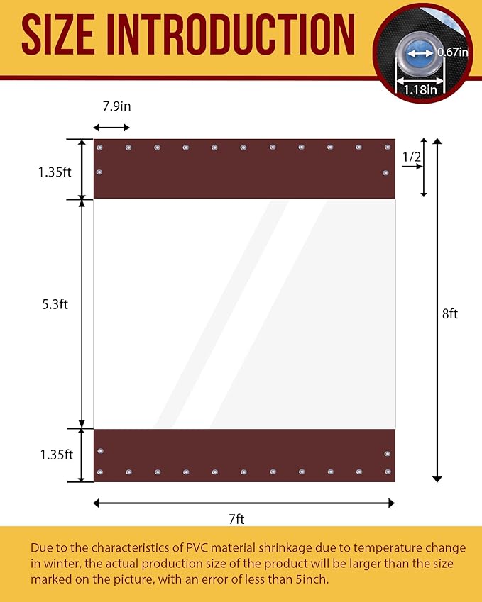 FoundGo 8'Hx7'W Vinyl Curtains for Patio,19oz Outdoor Clear Vinyl Patio Enclosure,Heavy Duty Clear Tarps Waterproof Vinyl Tarp with Grommets for Pergola, Porch,Gazebos,Balcony,-4℉ Cold Resistant