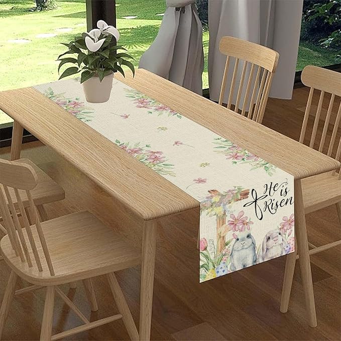 Easter Bunny Rabbits Table Runner,Boho Floral Cross Rabbits Easter Eggs Spring Table Center Decor for Family Kitchen and Living Room Outdoor Farmhouse Party Table Decorations, 13"x108"