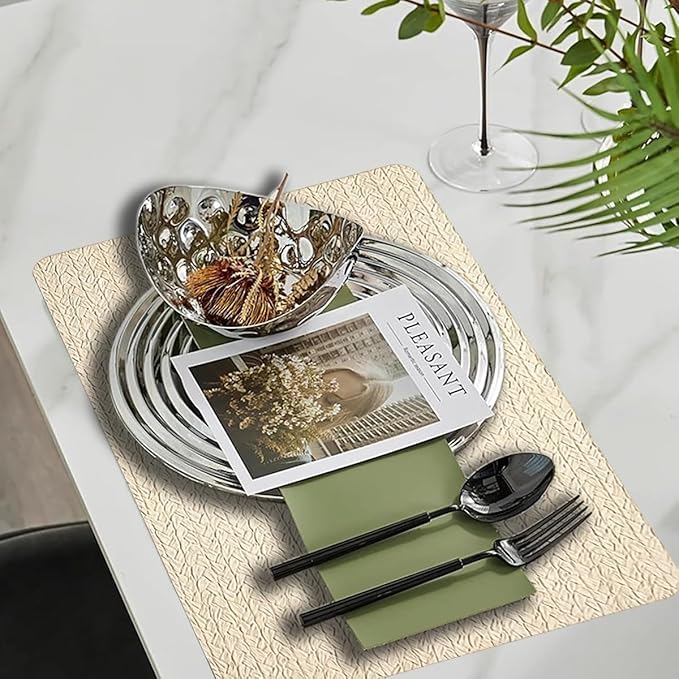 PIGCHCY Waterproof PVC Place Mats Set of 6, Non-Slip Faux Leather Placemats Rattan Pattern Surface Table Mats for Wedding/Birthday Party/Kitchen (18"x12", Cream)