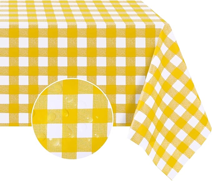 Romanstile Rectangle Vinyl Tablecloth, 100% Waterproof Buffalo Gingham Plastic Table Cloth, Heavy Duty Wipeable Checkered Table Covers for Outdoor, Camping, Picnic, Patio - 54 x 108, Yellow and White