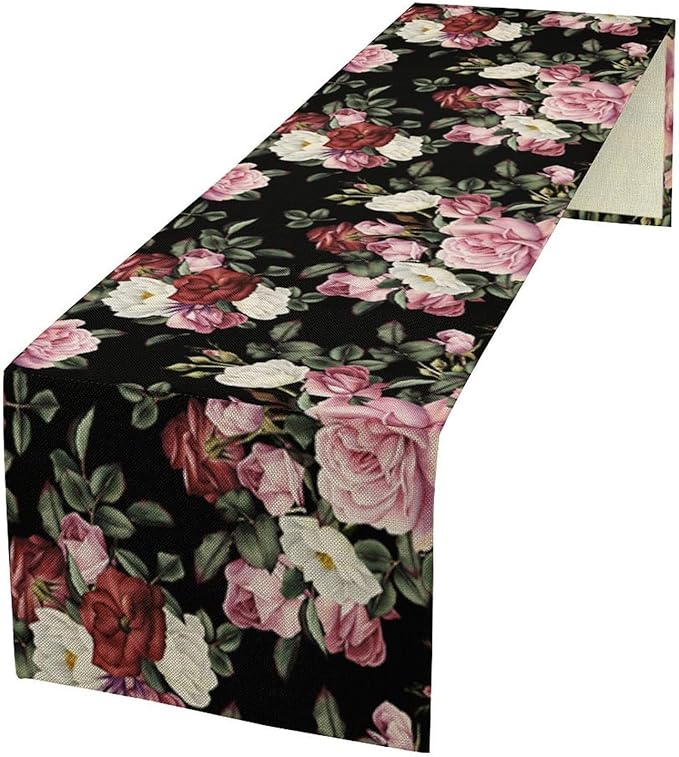 Gothic Floral Table Runner,Vintage Pink Red Rose Flower Print Table Runner for Kitchen Dining Table Indoor Outdoor Home Party Decor,Black 13x120in