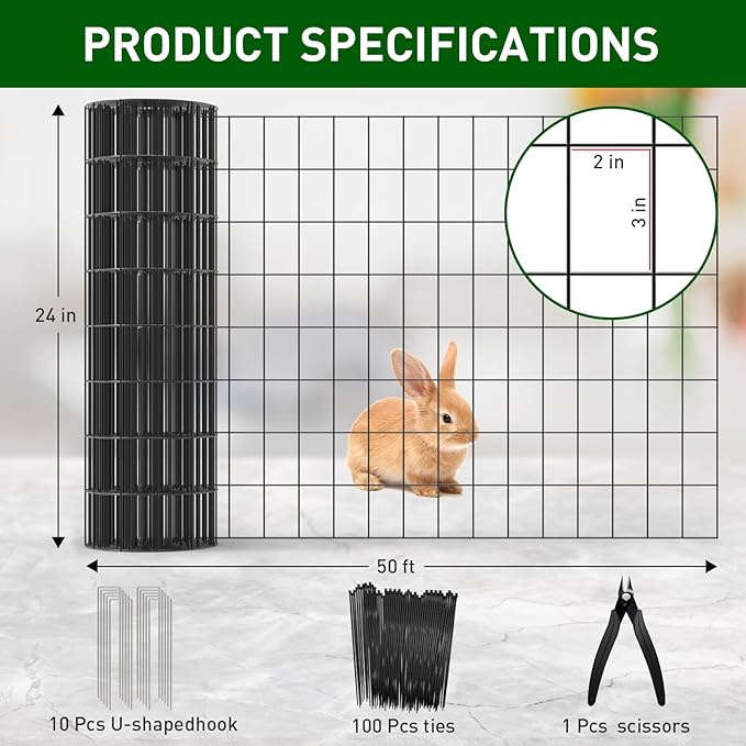 Black PVC Coated Welded Wire Fence 24 Inch x 50 Foot, 2 x 3 Inch 16GA Garden Border Fencing Roll Metal Wire Mesh Animal Barrier Fence for Yard Plant Vegetable Protection Dog Poultry Netting