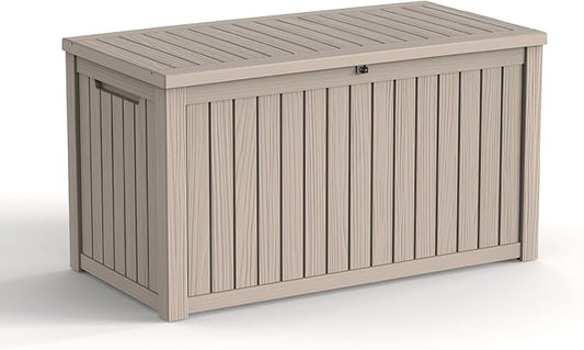 180Gallon Waterproof Outdoor Storage Box, UV Resistant Resin Deck Box with Hydraulic Rod for Reinforced Stability, Perfect for Patio, Garden, and Pool, Striped Beige