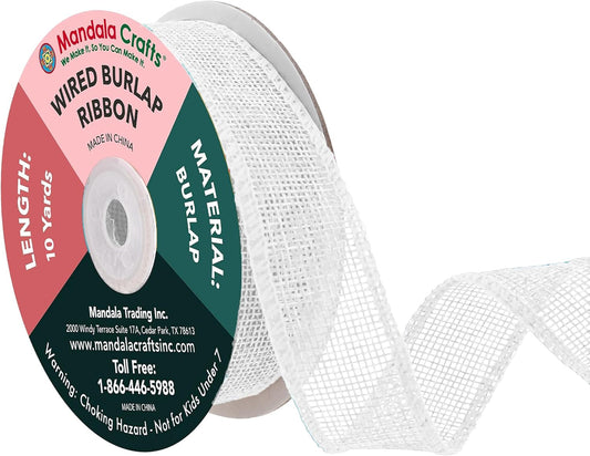 Mandala Crafts White Burlap Wired Ribbon 1 Inches Wide Jute Ribbons for Crafts - 10 Yds Roll Rustic Burlap Wrap Trim Ribbons for Wreaths Bows Party Decoration