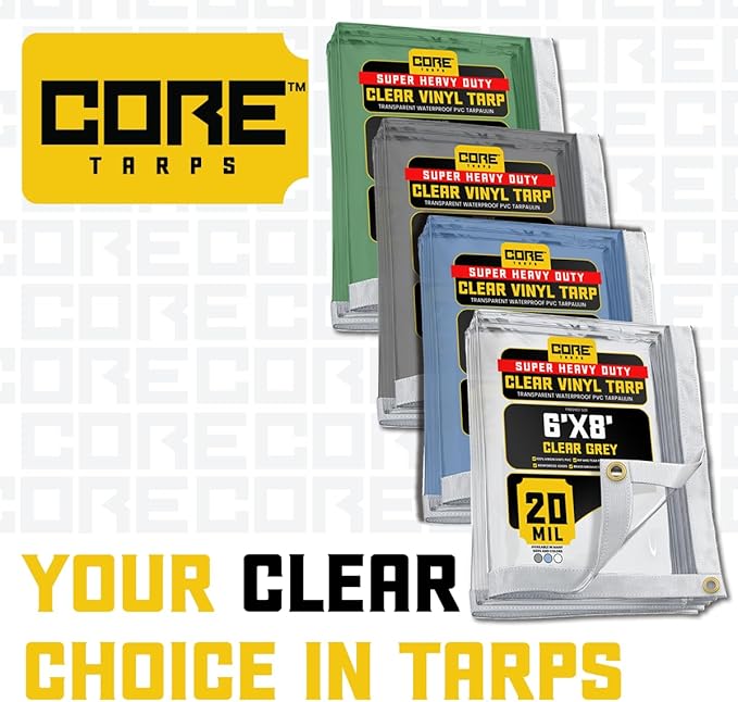 Core Tarps 20 Mil Extreme Heavy Duty Clear Tarp with Gromments - 20x24ft Super Clear Tarps Heavy Duty Waterproof Vinyl Tarpaulin, Transparent Tarp for Outdoor, Camping & Construction, Clear Grey