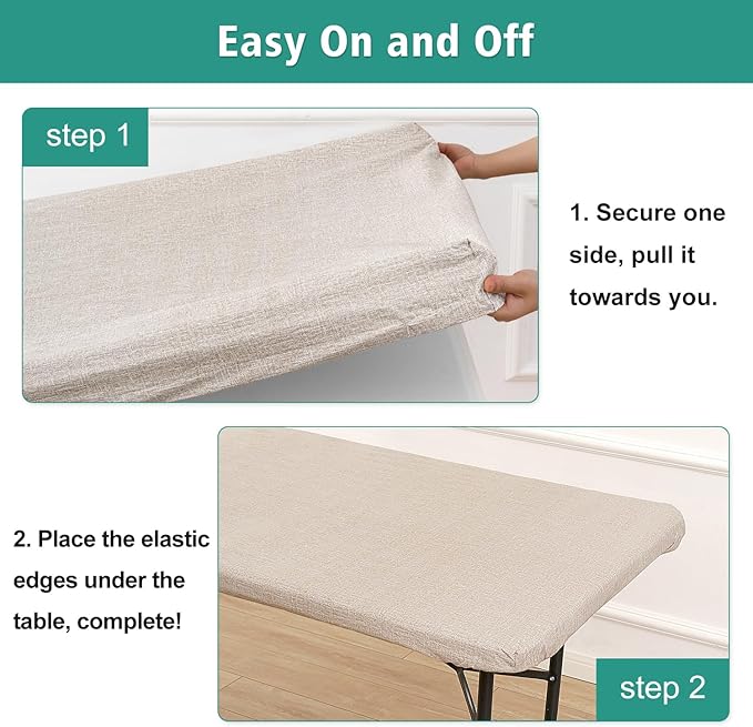 LUSHVIDA 6 Packs Vinyl Tablecloths with Flannel Backing for 8ft Rectangle Folding Table Cloths - Waterproof Plastic Picnic Table Covers with Elastic Corners, 30x96 inch, Natural Color