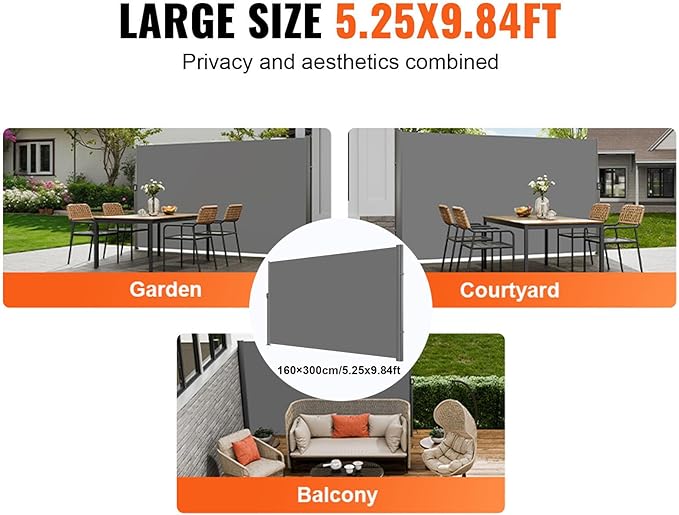 VEVOR Retractable Side Awning, UV 50 63''x 118'' Full Aluminum Rust-Proof Outdoor Privacy Screen, 280 g Thicken Folding Room Divider Wind Screen, for Patio Sun Shade, Backyard, Balcony, Gray