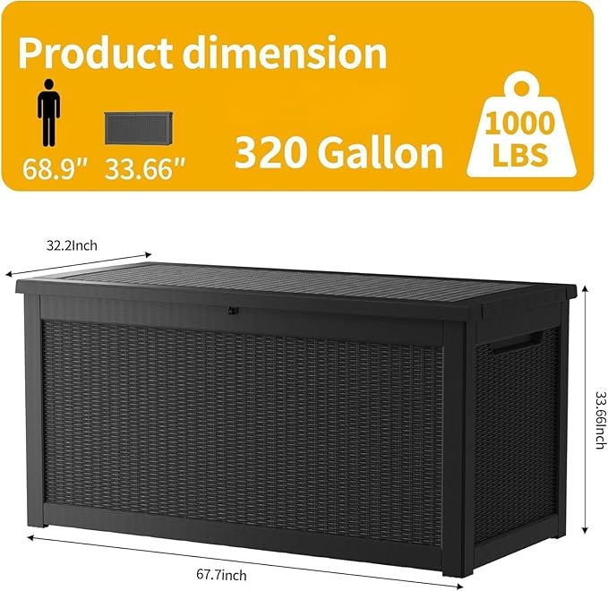 320 Gallon Resin Deck Box, Waterproof Outdoor Storage Box for Patio Furniture Cushions, Garden Tools, and Pool Accessories, Large Lockable UV-Resistant Storage Bin Bench Cabinet for Outside, Black