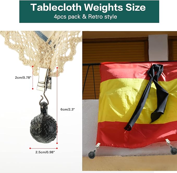 Sungmor Cast Iron Heavyweight Tablecloth Weights - 4 Pack Antique Dark Brown Round Clew Pendent Clips Weights Kit - Heavy Duty Table Cloth Cover Clamps for Home Garden Party Wedding Camping Picnic