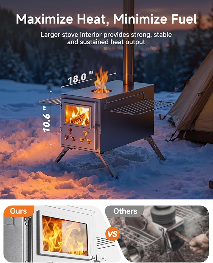 Hot Tent Wood Stove, Portable Camping Wood Burning Stove with 8 Stainless Chimney Pipes, Folding Wood Stove for Tent, Outdoor Heating, Cooking, Hunting, Ice Fishing