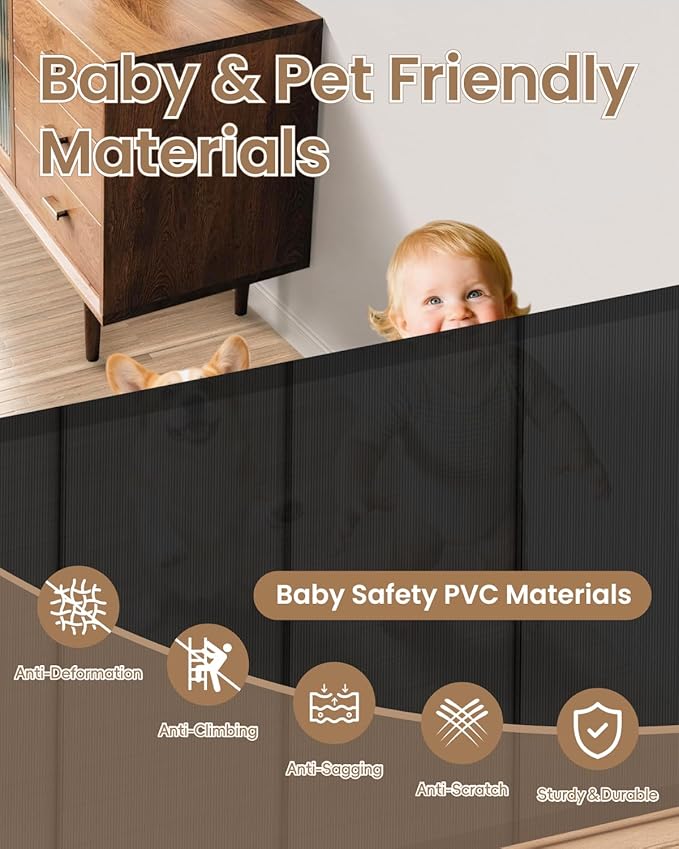 Upgraded Retractable Baby Gate - 71" Wide 34" Tall Mesh Child Safety Gate with High-Density Reinforced Rods, Easy One-Hand Operation Retractable Dog Gate, Fits Baseboards, Black