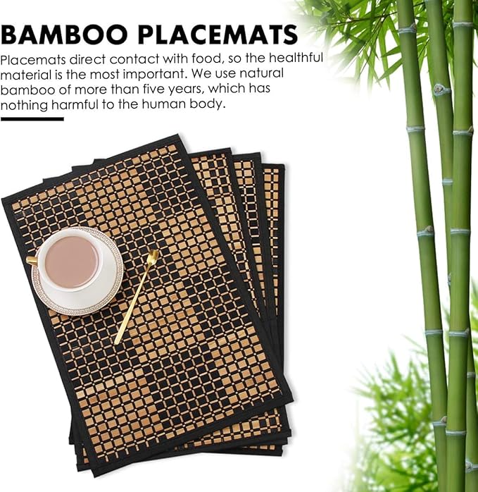 Placemats Set of 4 for Dining Table, Bamboo Place Mats for Kitchen Table Decor, Table Mats Heat Resistant & Non-Slip for Indoor/Outdoor Party, Table Placemats Set of 4 for Dinner Table Black