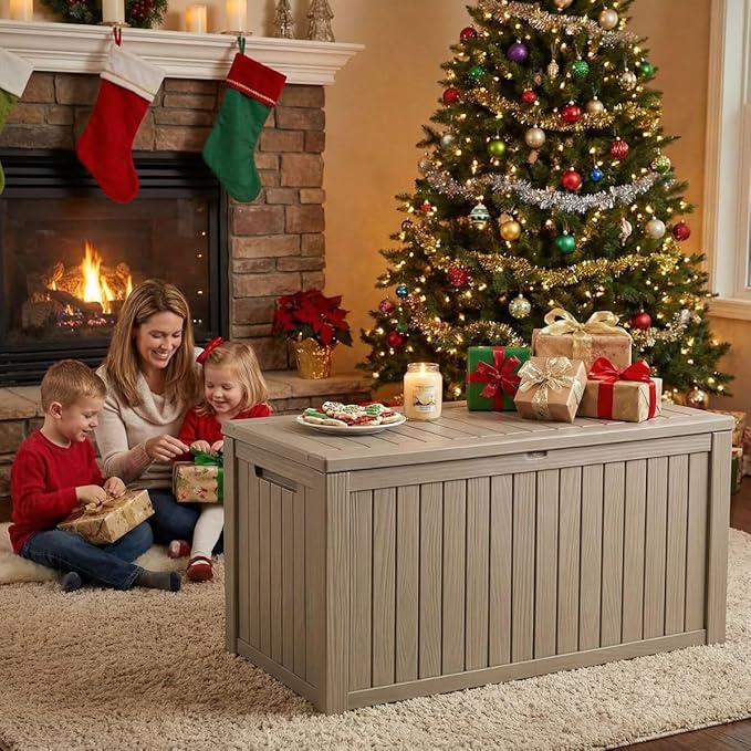 210 Gallon Outdoor Storage Bench Waterproof - Resin Deck Storage Chest for Patio & Pool, Lockable Outdoor Storage Box for Cushions & Tools, UV-Resistant, Granite Grey