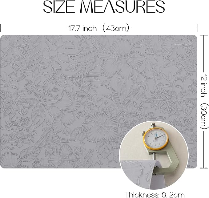 Romanstile Vinyl Placemats Set of 4-12 X 18 Inch - Heat Resistant Non-Slip Embossed Floral Place Mats 100% Waterproof Oilproof Wipeable Faux Leather Table Mats for Kitchen/Dining/Party, Grey