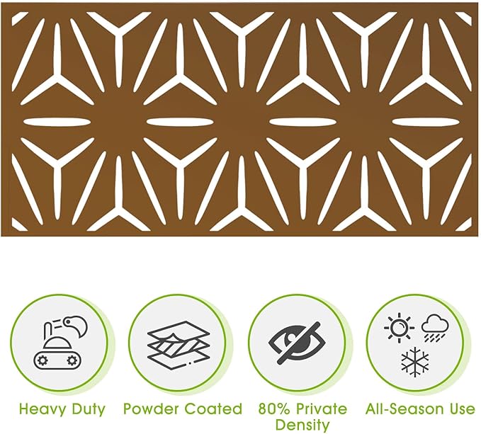 Metal Privacy Screen Outdoor 72" H×47" W,Freestanding Decorative Privacy Screen for Balcony Yard&Garden,Privacy Fence-Brown&Star