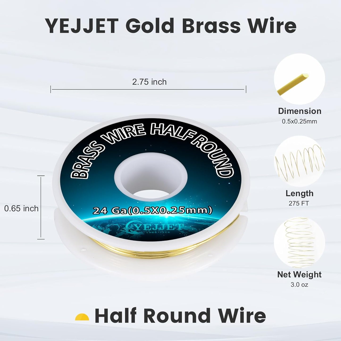 24 Gauge Half-Round Brass Wire 0.51x0.25mm - 3.0 oz 276 Feet Craft Wire Bulk, Metalworking