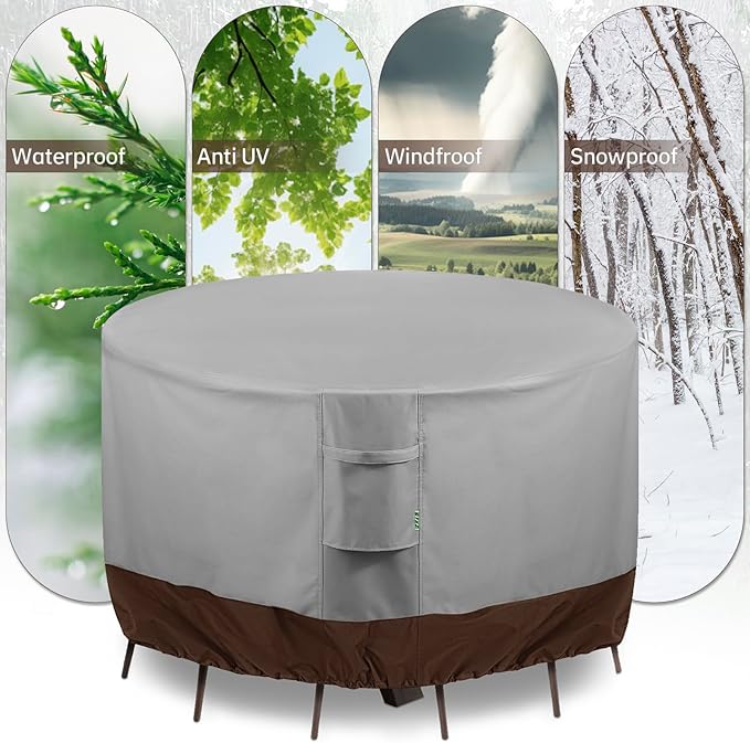 Round Patio Furniture Covers, 84" DIA x 28 H Waterproof Outdoor Furniture Cover for Patio Table & Chair Sets, 600D Heavy-duty UV-Resistant Fade-Proof Protection, Grey & Brown