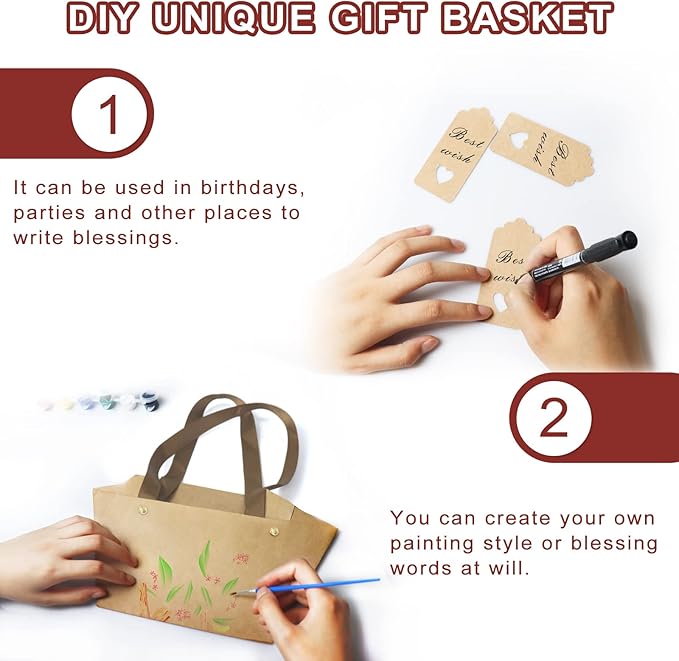 Bigger Baskets for Gifts Empty, 6 Pack Sturdy Kraft Basket With Handles Gift Basket Kit, 6 Shrink Wrap Bags, 6 Bows and Hang Tag, Empty Gift Baskets to Fill for Valentines Birthday Baby Shower
