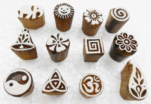 Craftsofindia® Wholesale Lot of 12 Exotic Small Wooden Block Stamps for Textile Printing/Henna Tattoo/Scrapbooking/Designing Saree Border